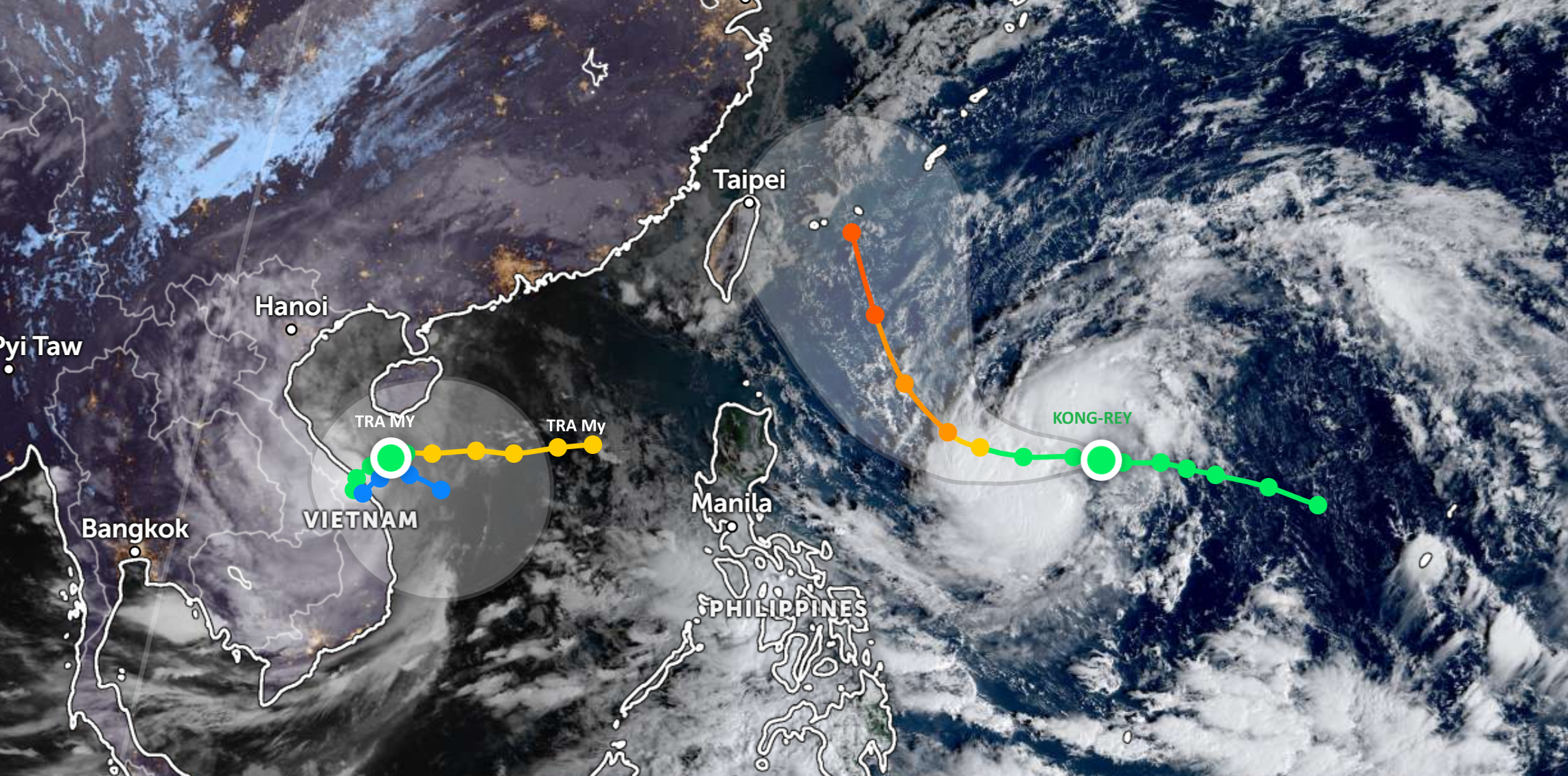 Đường đi của bão Trà-Mi và bão Kong Rey.