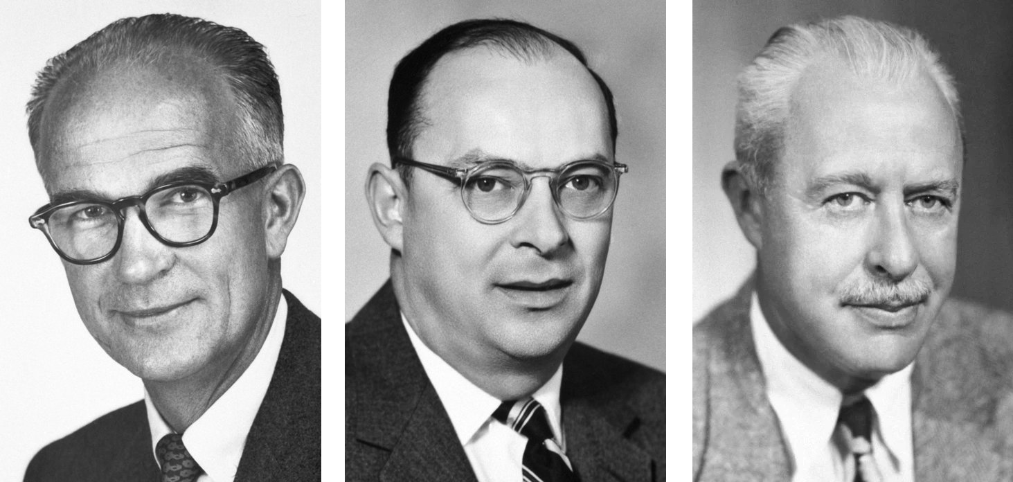 Ba nhà khoa học đoạt Giải Nobel Vật lý năm 1956 (từ trái qua) William B. Shockley, John Bardeen và Walter H. Brattain. Ba nhà khoa học đoạt Giải Nobel Vật lý năm 1956 (từ trái qua) William B. Shockley, John Bardeen và Walter H. Brattain.