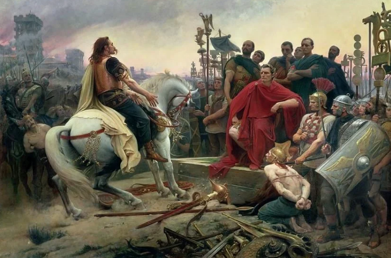 Bức tranh vẽ cảnh Vercingetorix, thủ lĩnh người Celt đã bị La Mã đánh bại vào năm 52 TCN, ném vũ khí xuống chân Julius Caesar, do họa sĩ người Pháp Lionel Royer sáng tác năm 1899. Nguồn: archaeologymag.com