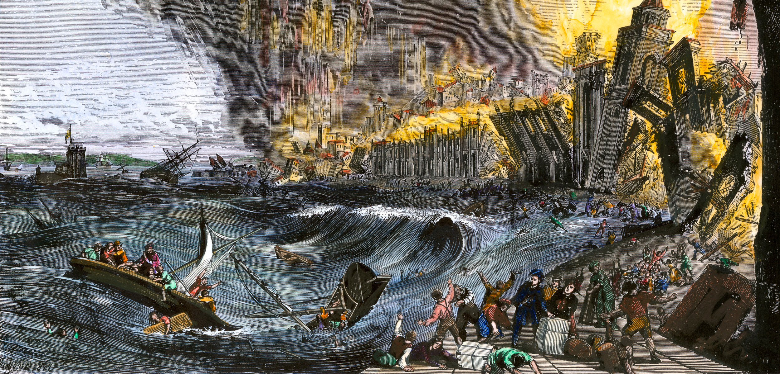 Bản khắc gỗ mô tả trận động đất và sóng thần ở Lisbon năm 1755. Nguồn: Hakai Magazine
