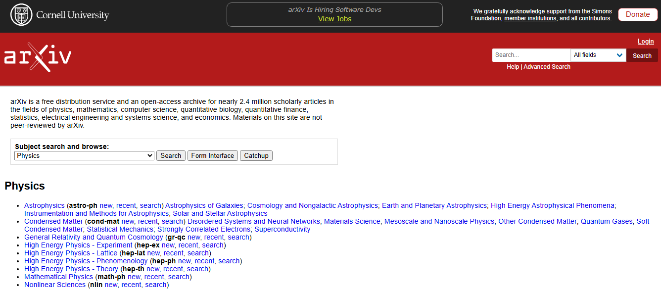 Giao diện đơn giản của arXiv.org trông như một trang web thời kỳ đầu những năm 90s. Ảnh chụp màn hình.