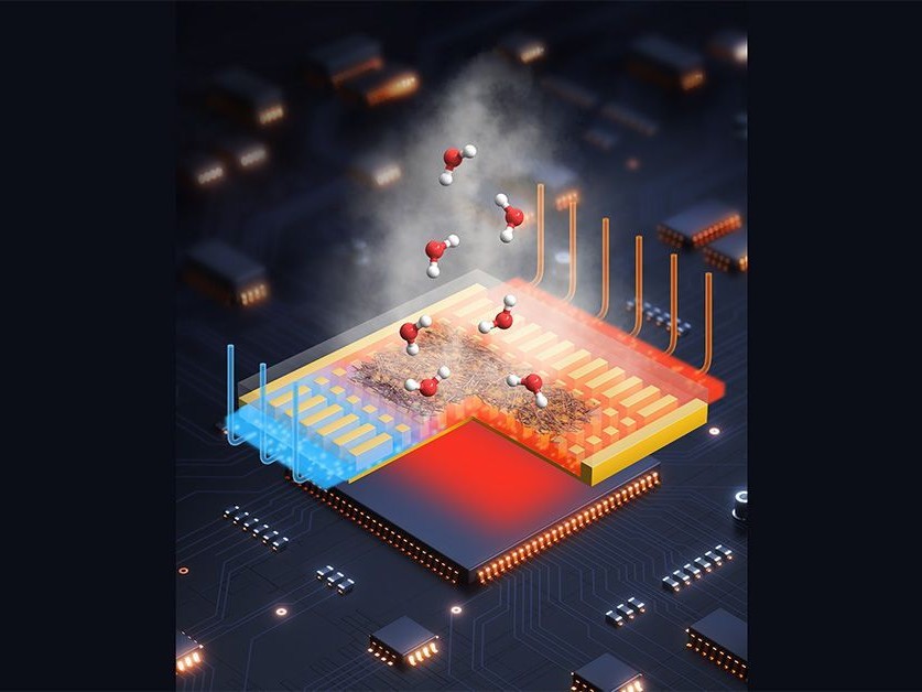 Hình minh họa màng sợi loại bỏ nhiệt từ chip điện tử thông qua quá trình bay hơi. Ảnh: Tianshi Feng/ScienceDaily
