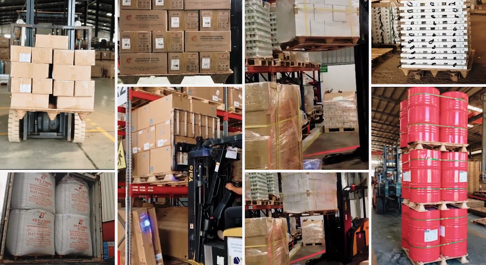 Tải trọng hàng trên các tấm pallet làm từ phụ phẩm nông nghiệp ở Đồng bằng Sông Cửu Long. Ảnh: AirX Carbon Tải trọng hàng trên các tấm pallet làm từ phụ phẩm nông nghiệp ở Đồng bằng Sông Cửu Long. Ảnh: AirX Carbon