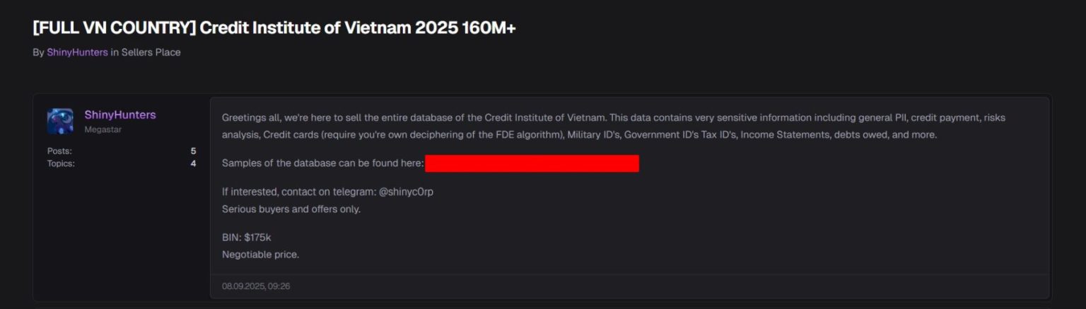 Ảnh chụp màn hình tin rao bán dữ liệu của ShinyHunter trên một trang Dark Web. Ảnh: Data