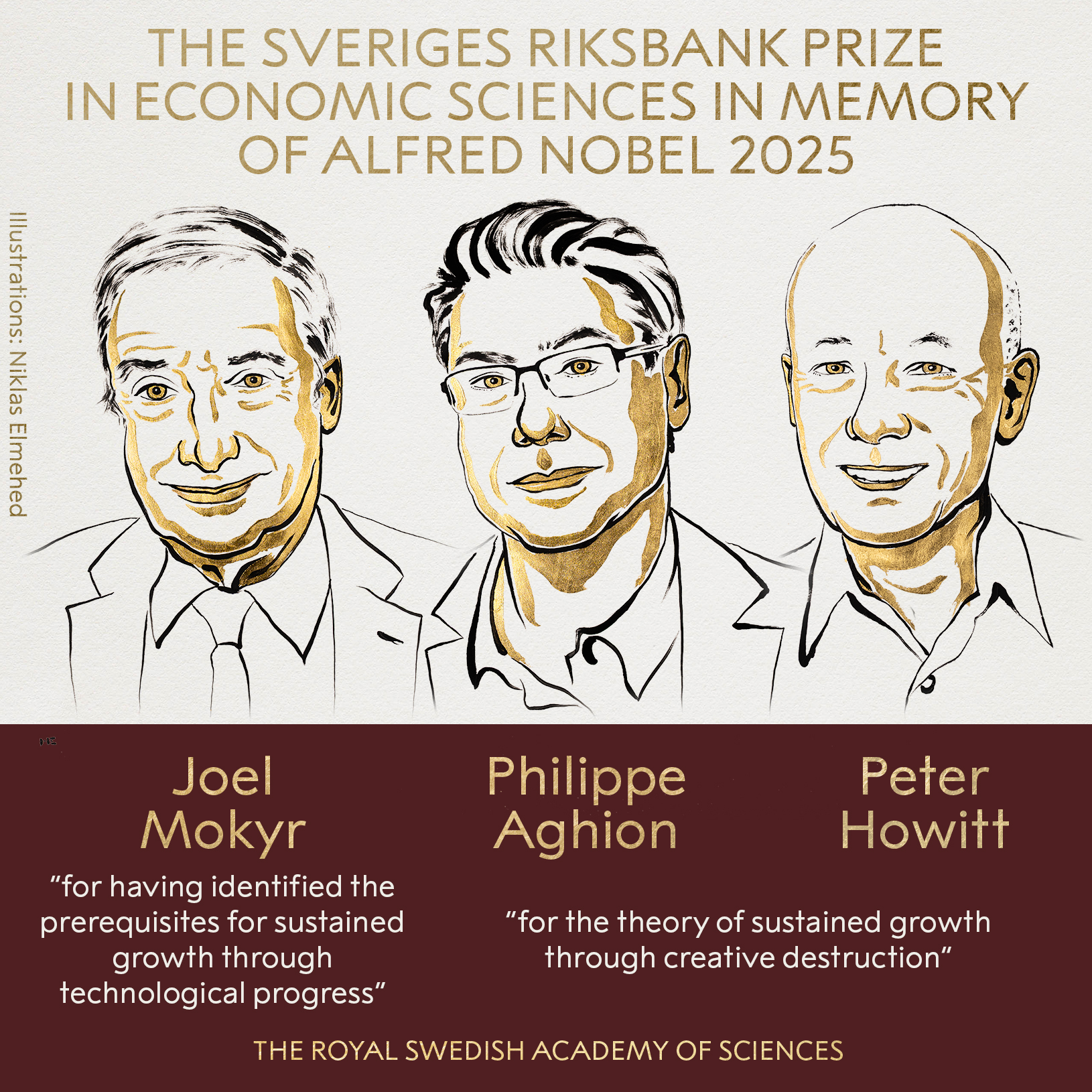 Ba nhà khoa học Joel Mokyr, Philippae Aghion và Peter Howitt. Ảnh: Nobel Prize