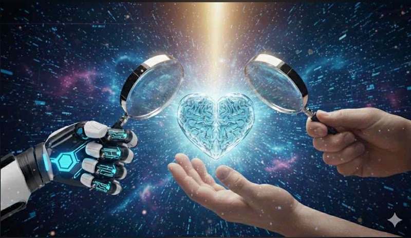 AI không nằm ngoài con người, mà là phần mở rộng của nhân tính – được hình thành từ chính dữ liệu, ngôn ngữ, cảm xúc và sai lầm của nhân loại. Hình minh họa: TrN & Gemini