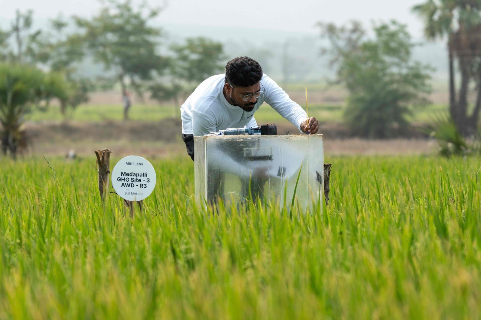 Một chuyên gia Mitti Labs sử dụng ph&eacute;p đo tại chỗ và sắc ký khí để theo dõi những thay đổi về mức độ mê-tan sau khi triển khai phương pháp tưới ngập - khô xen kẽ. Ảnh: Ceezer