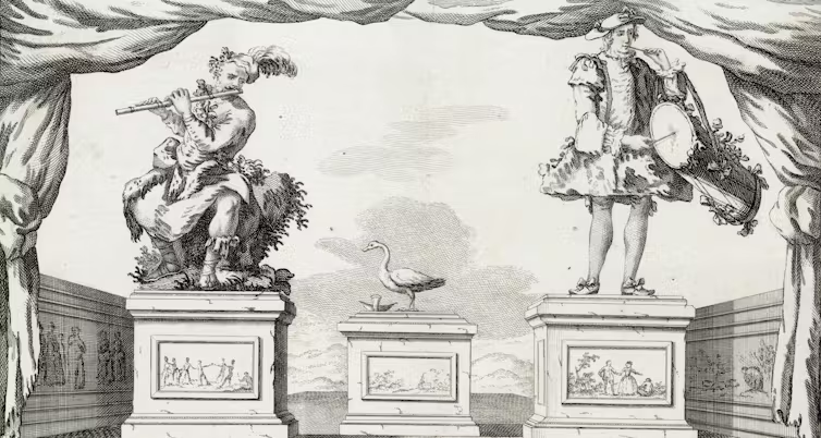 Ba cỗ máy tự động nổi tiếng của Vaucanson: Người thổi sáo, Vịt tiêu hóa và Người nông dân vùng Provence chơi sáo và trống lục lạc. Nguồn: CC